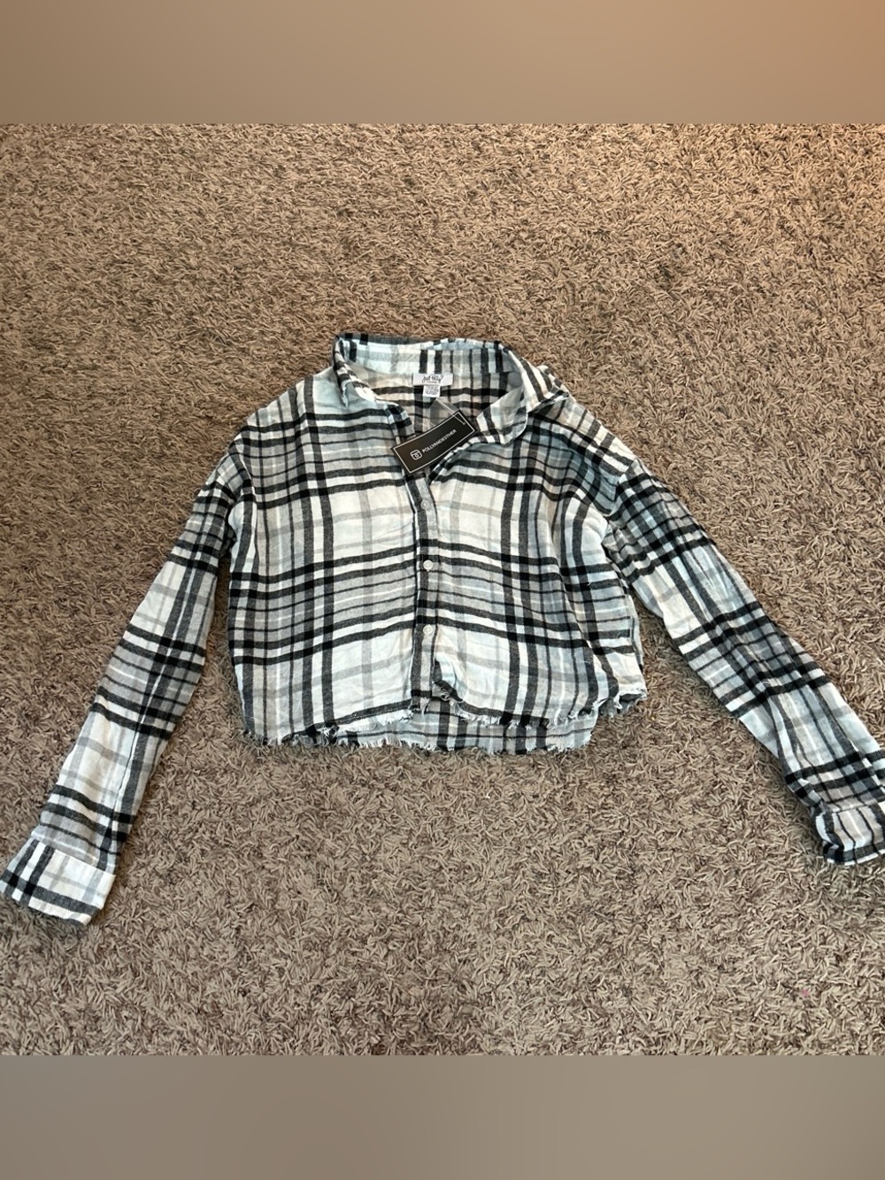 Cropped Plaid Button-Up Jean Jacket in Black & White